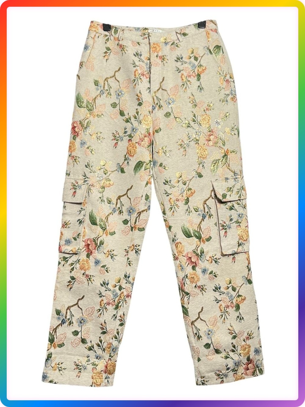 MNML Jacquard Cargo Pants SIZE 32 Beige Floral Gold Metallic Baggy Button Fly